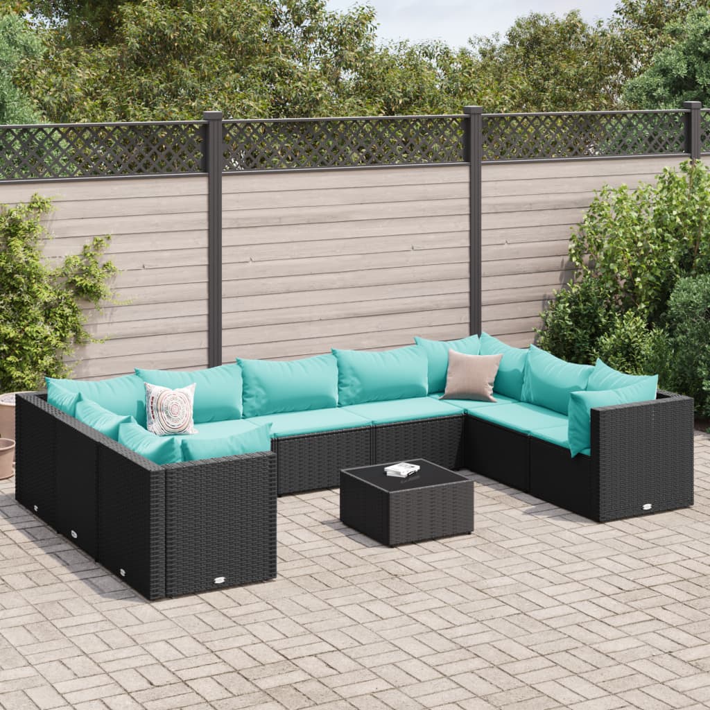 Set Salotto da Giardino 10pz con Cuscini in Polyrattan Nero | homemem39