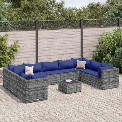 Set Divani da Giardino 10 pz con Cuscini in Polyrattan Grigio