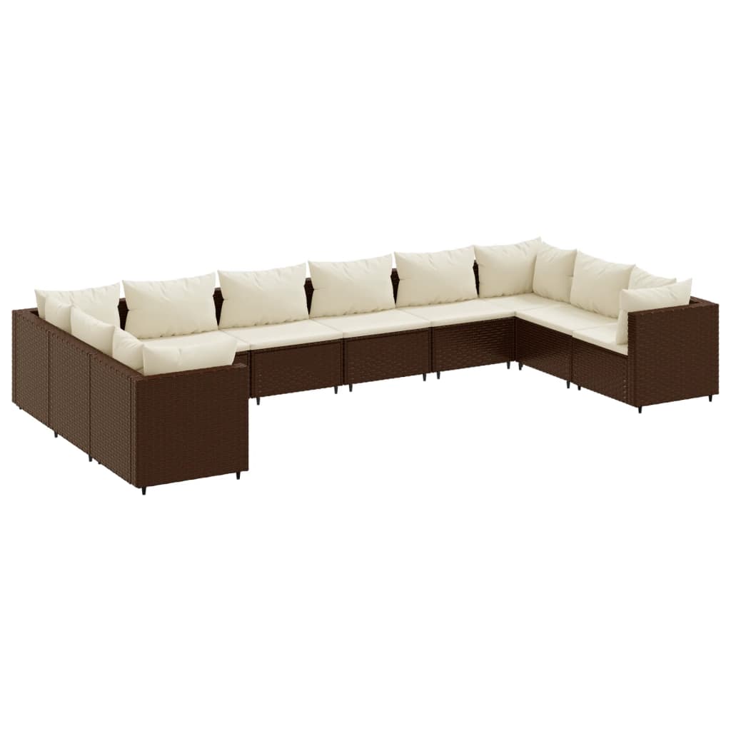 Set Divani da Giardino 10 pz con Cuscini in Polyrattan Marrone