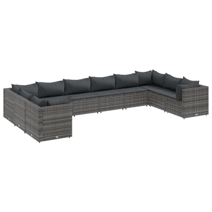 Set Divani da Giardino 10 pz con Cuscini in Polyrattan Grigio