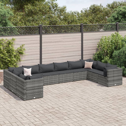 Set Divani da Giardino 10 pz con Cuscini in Polyrattan Grigio