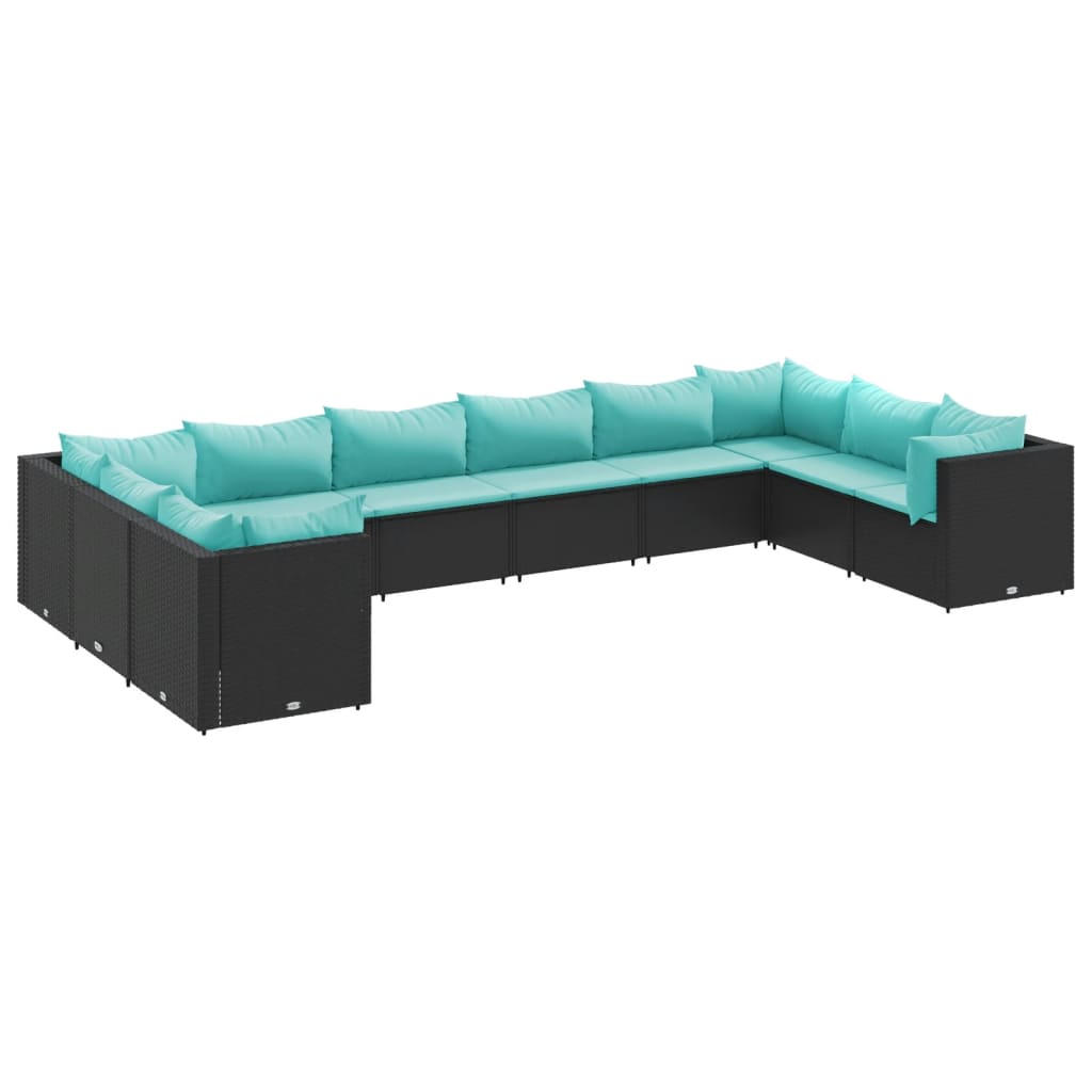 Set Salotto da Giardino 10pz con Cuscini in Polyrattan Nero | homemem39