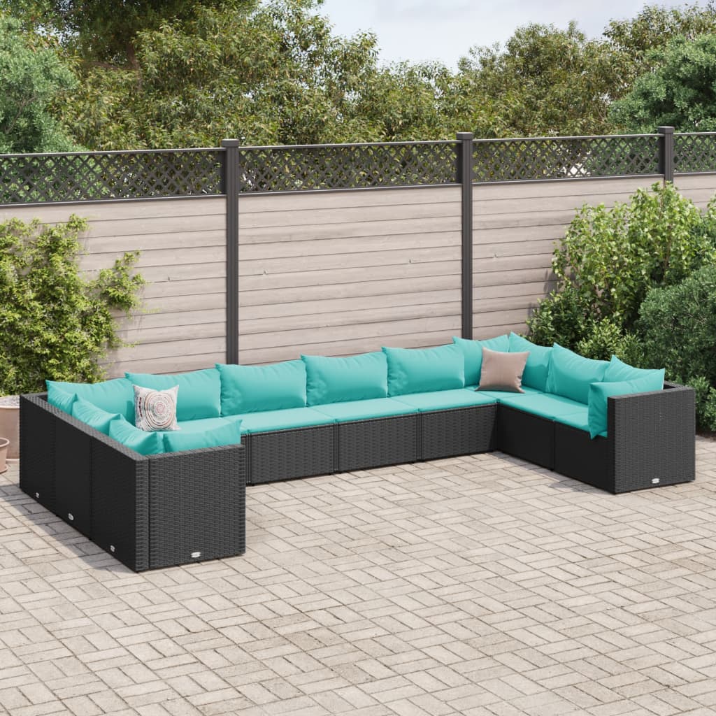 Set Salotto da Giardino 10pz con Cuscini in Polyrattan Nero - homemem39