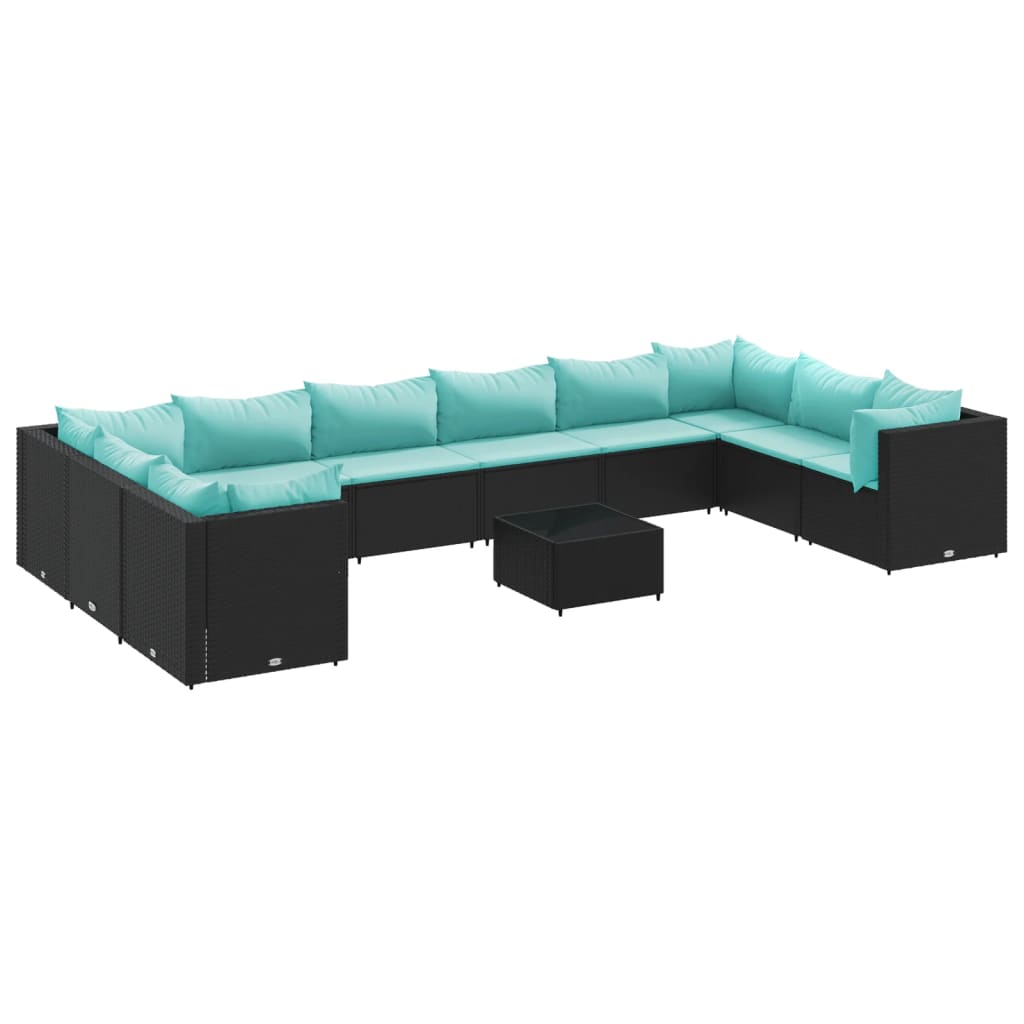 Set Mobili da Giardino 11 pz con Cuscini in Polyrattan Nero | homemem39
