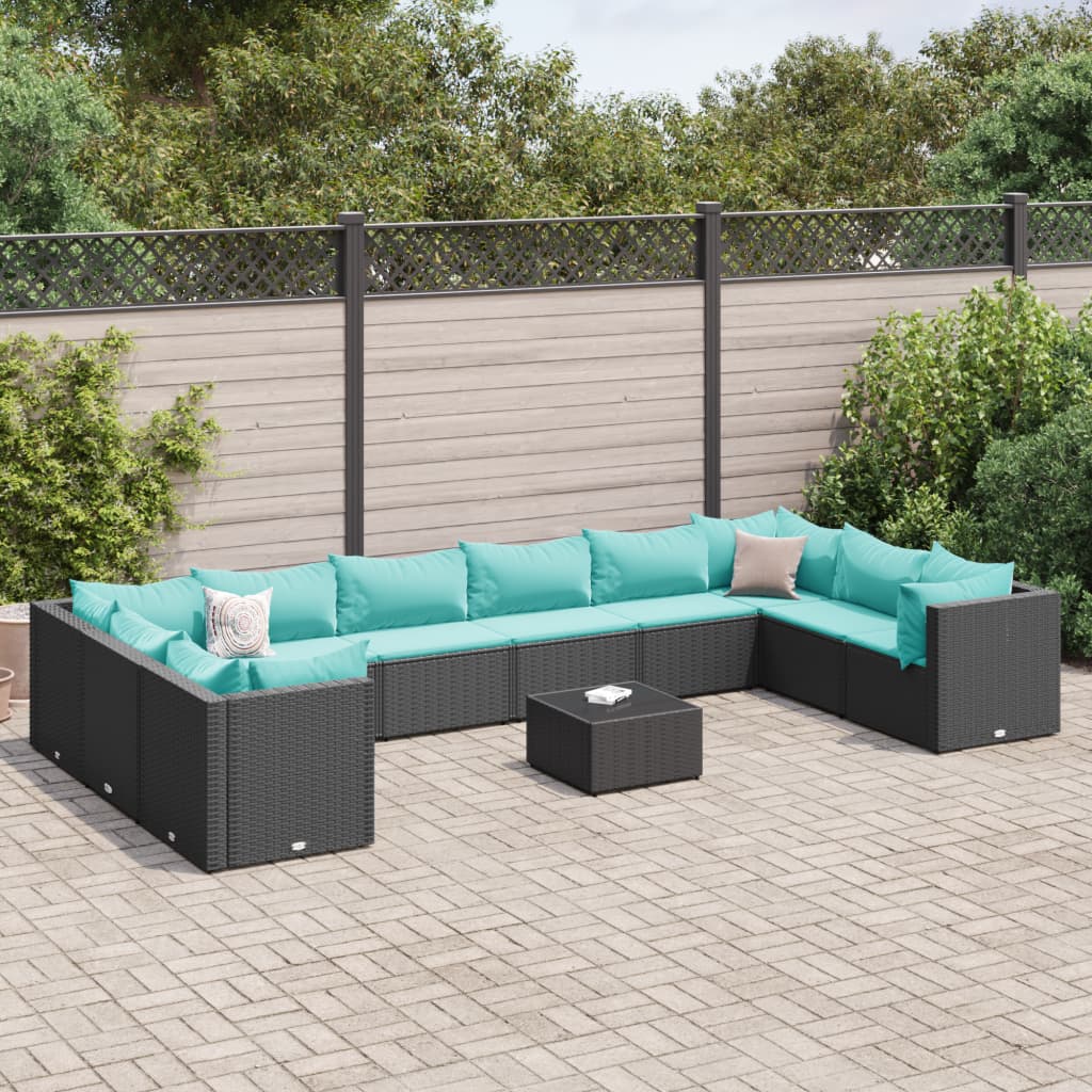 Set Mobili da Giardino 11 pz con Cuscini in Polyrattan Nero | homemem39