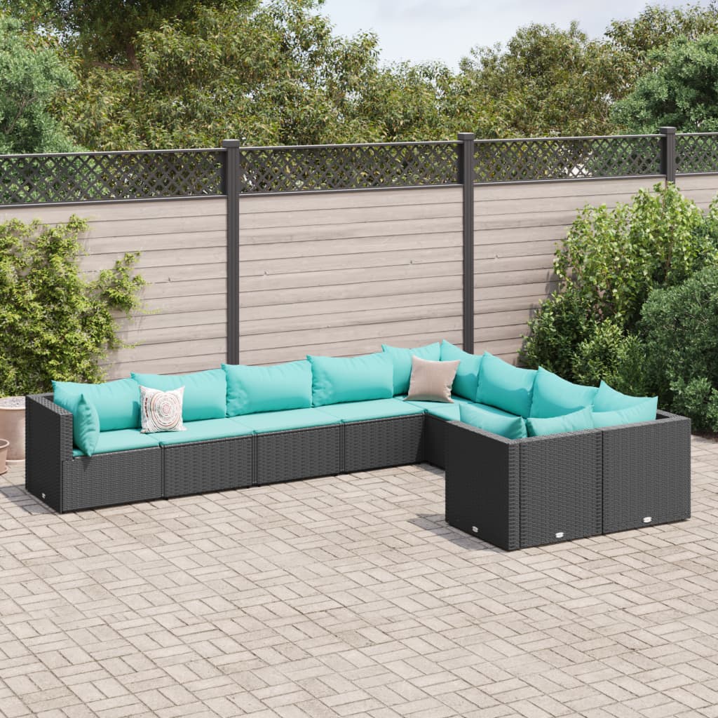 Set Divani da Giardino 9 pz con Cuscini Nero in Polyrattan | homemem39