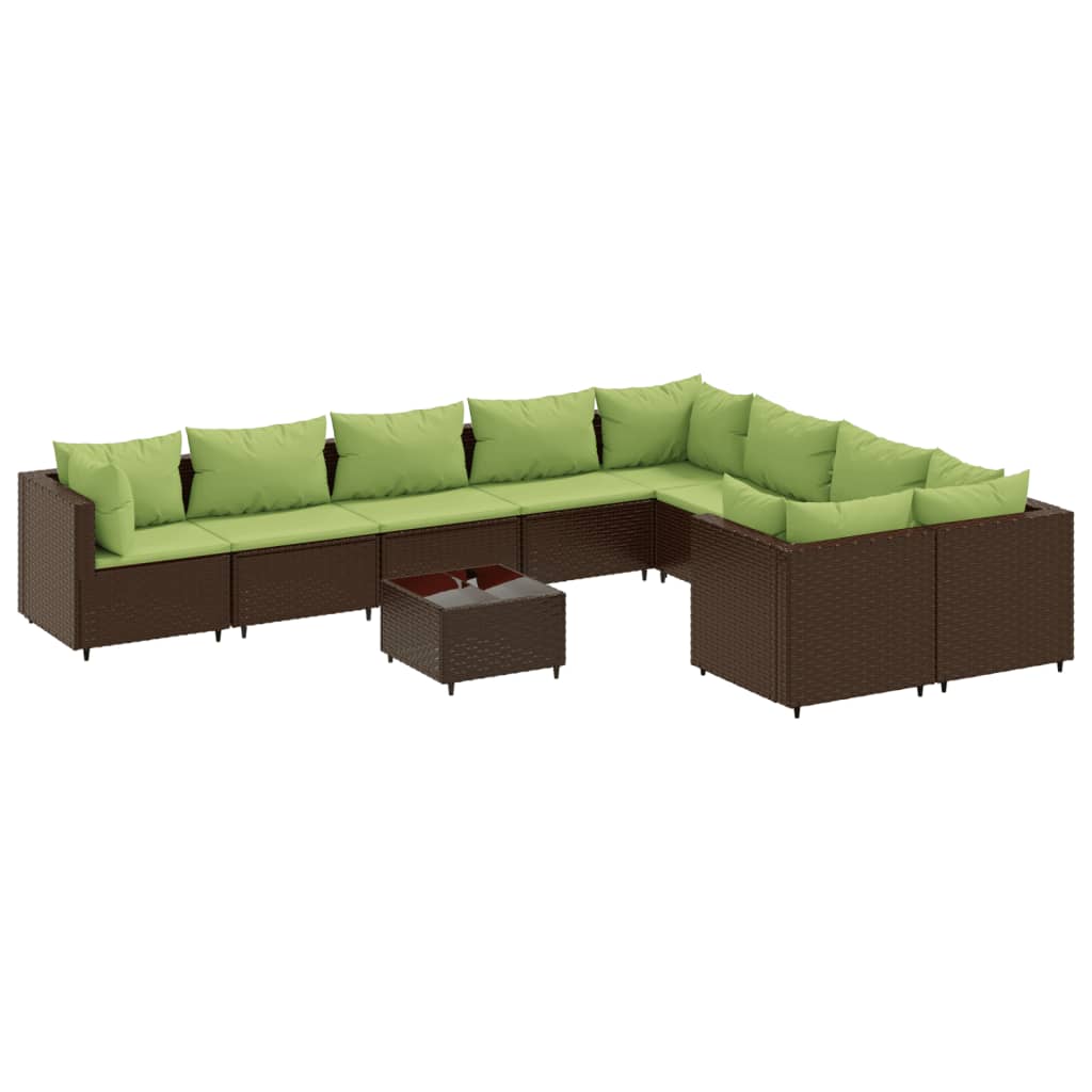 Set Divani da Giardino 10pz con Cuscini in Polyrattan Marrone