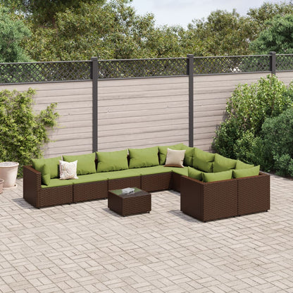 Set Divani da Giardino 10pz con Cuscini in Polyrattan Marrone