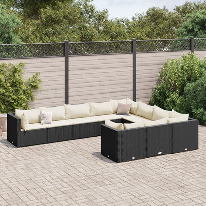 Set Divani da Giardino 10pz con Cuscini in Polyrattan Nero