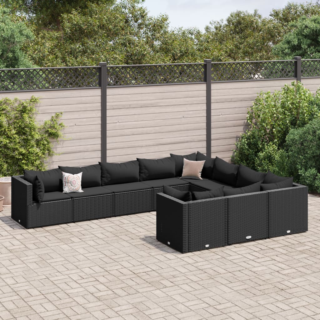 Set Divani da Giardino 10pz con Cuscini in Polyrattan Nero