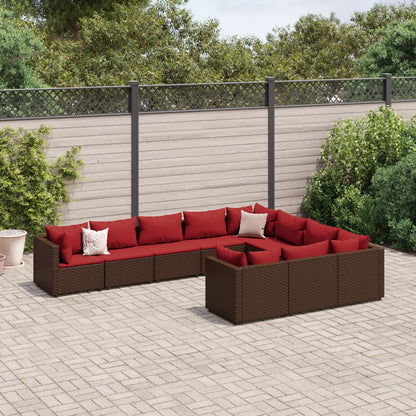 Set Divani da Giardino 10pz con Cuscini in Polyrattan Marrone