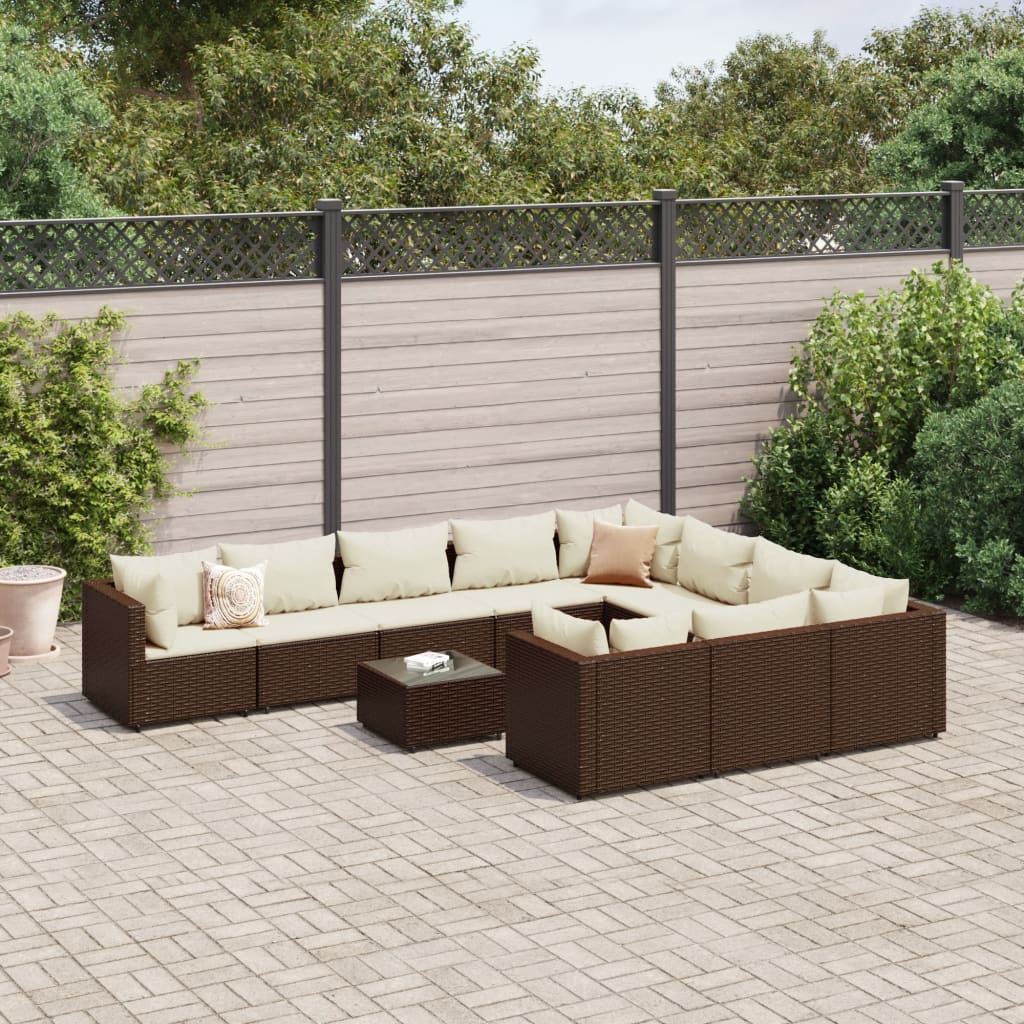 Set Divani da Giardino 11 pz con Cuscini Polyrattan Marrone