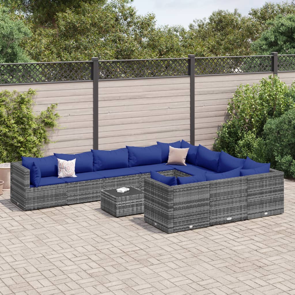 Set Divani da Giardino 11 pz con Cuscini in Polyrattan Grigio