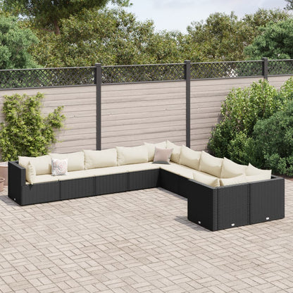 Set Divani da Giardino 10pz con Cuscini in Polyrattan Nero