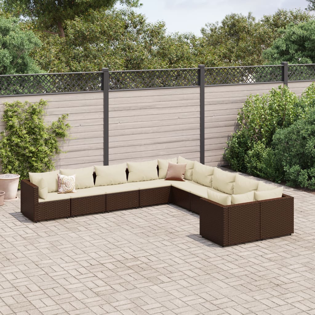 Set Divani da Giardino 10pz con Cuscini in Polyrattan Marrone