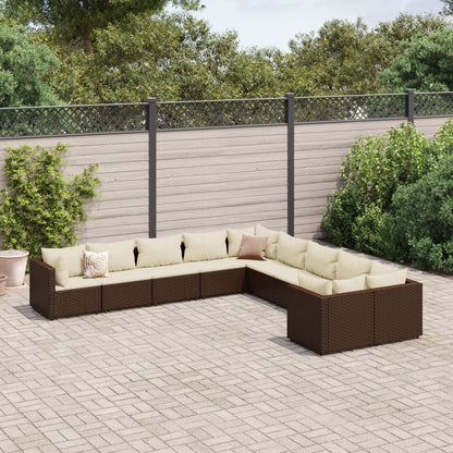 Set Divani da Giardino 10pz con Cuscini in Polyrattan Marrone