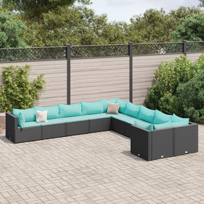 Set Divani da Giardino 10pz con Cuscini in Polyrattan Nero | homemem39
