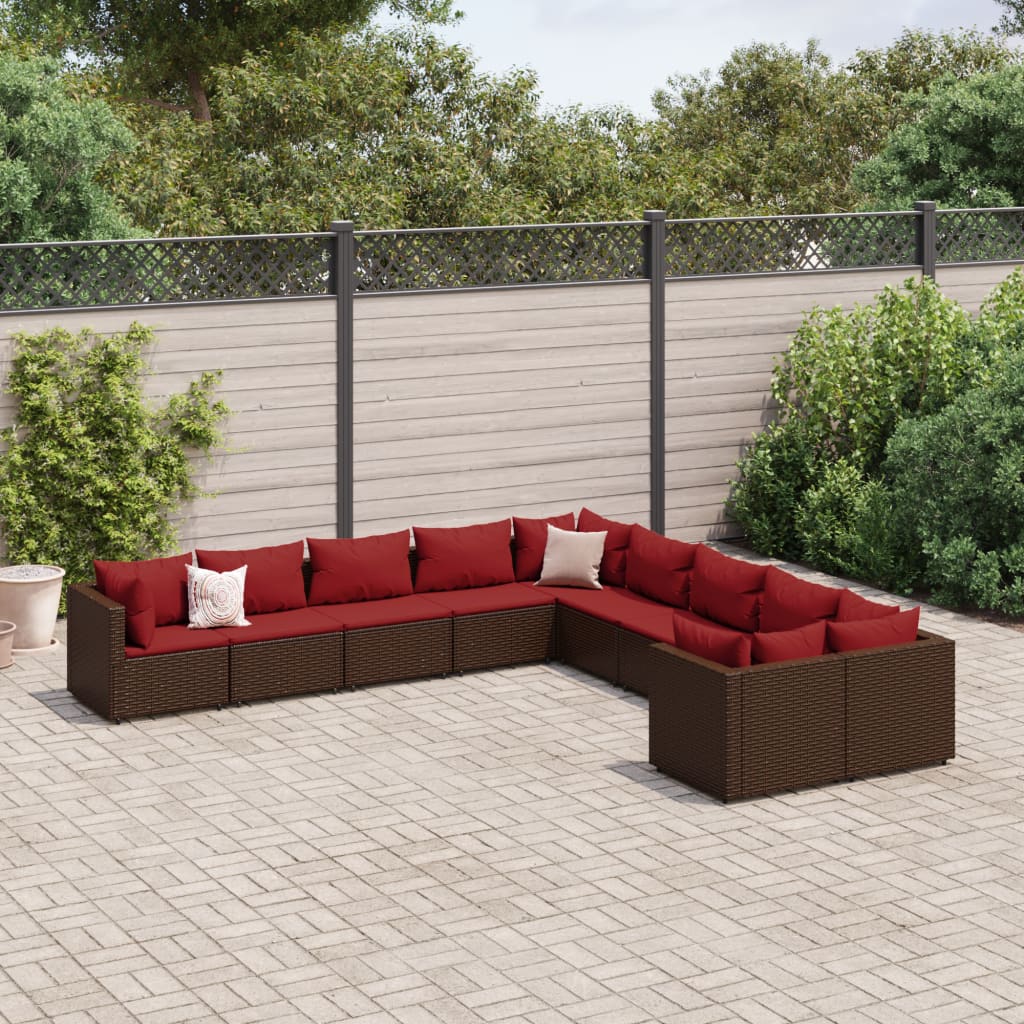 Set Divani da Giardino 10pz con Cuscini in Polyrattan Marrone