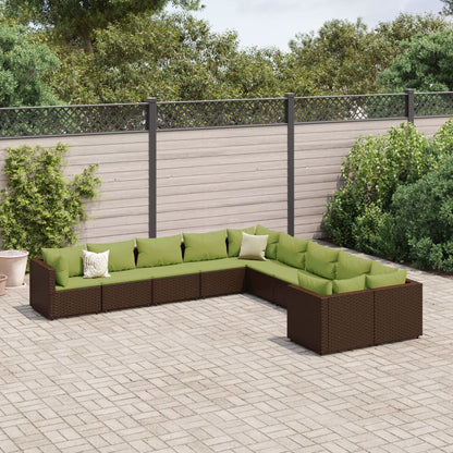 Set Divani da Giardino 10pz con Cuscini in Polyrattan Marrone