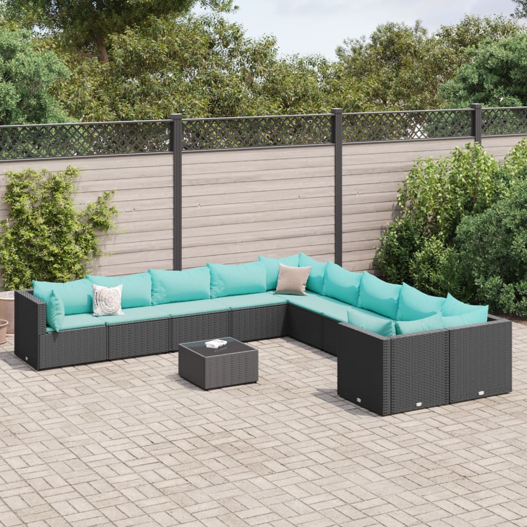 Set Divani da Giardino 11 pz con Cuscini in Polyrattan Nero - homemem39