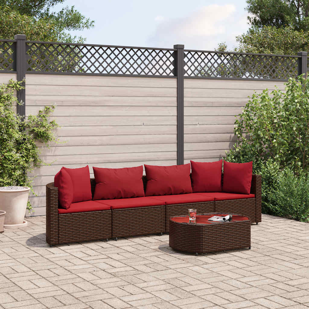 Set Divano da Giardino 5 pz con Cuscini Marrone in Polyrattan - homemem39