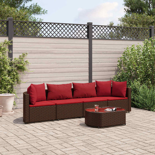 Set Divano da Giardino 5 pz con Cuscini Marrone in Polyrattan - homemem39