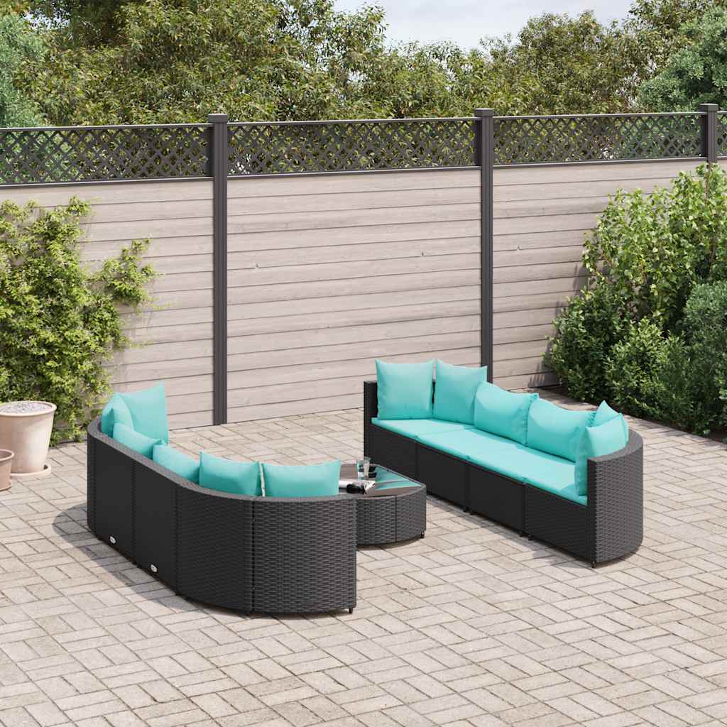 Set Divani da Giardino 9 pz con Cuscini Nero in Polyrattan | homemem39