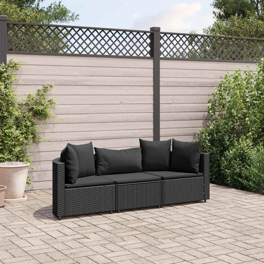 Set Divani da Giardino 3 pz con Cuscini in Polyrattan Nero - homemem39