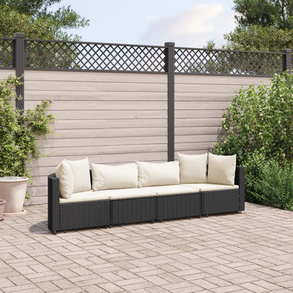 4-teiliges Gartensofa-Set mit schwarzen Polyrattan-Kissen