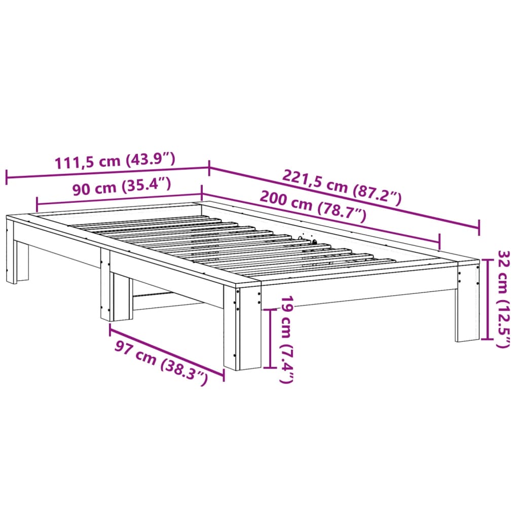 Letto senza Materasso Bianco 90x200 cm Legno Massello di Pino | homemem39
