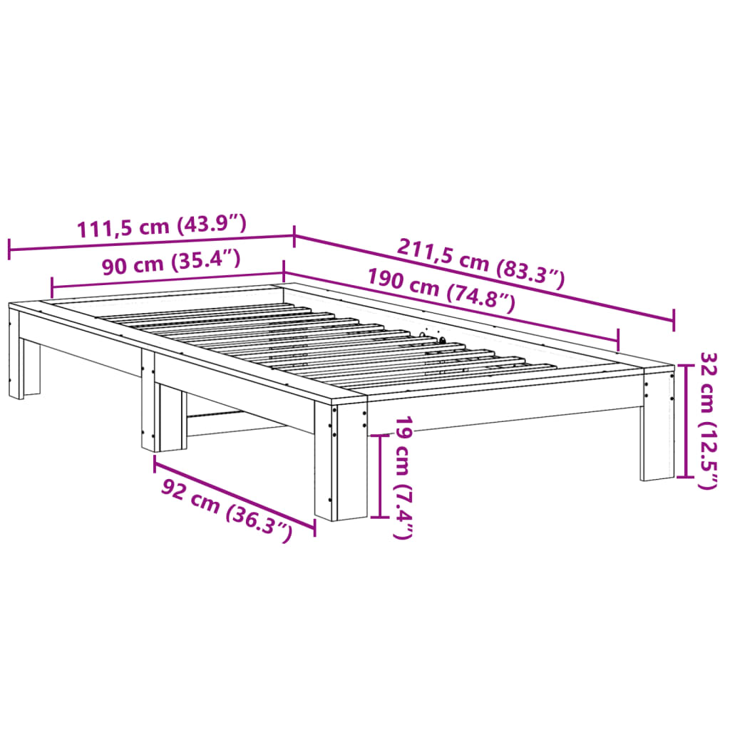 Letto senza Materasso Bianco 90x190 cm in Legno Massello Pino | homemem39