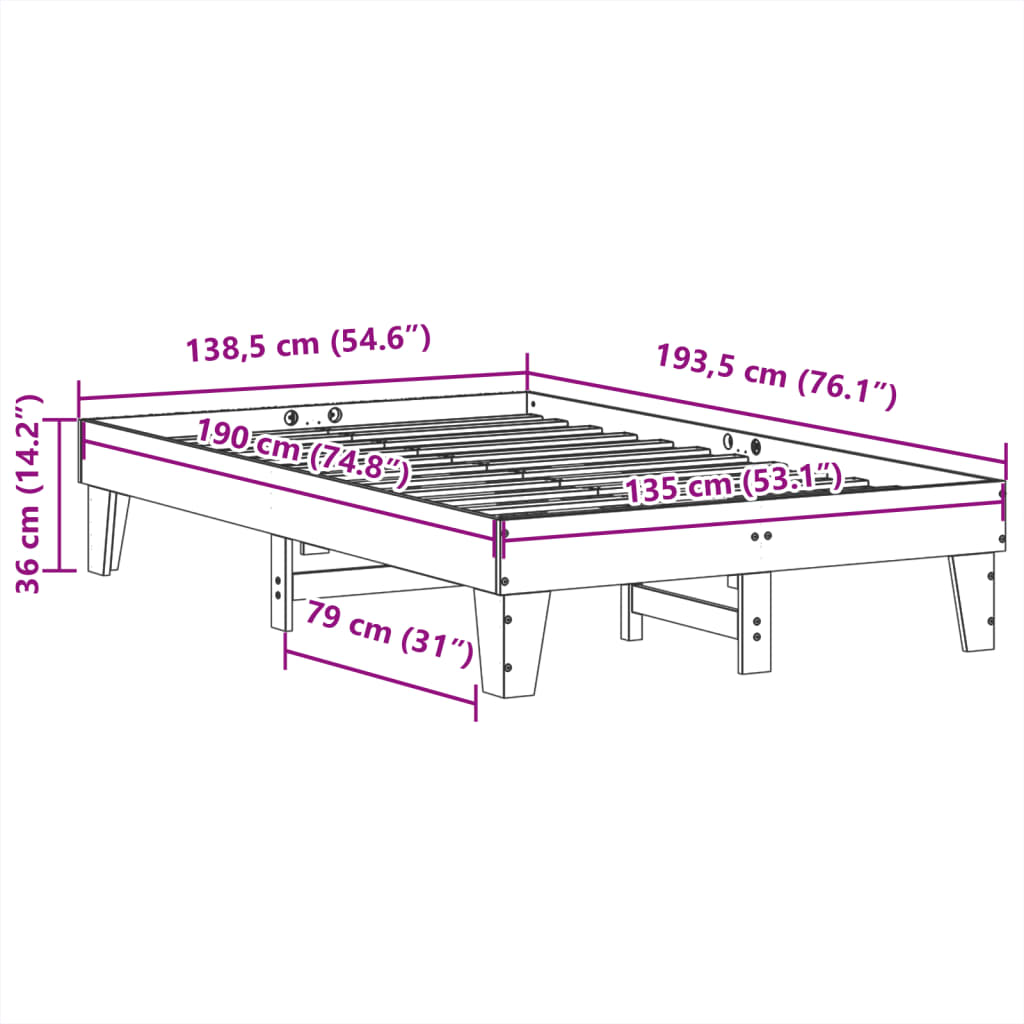 Letto senza Materasso 135x190 cm in Legno Massello di Pino | homemem39