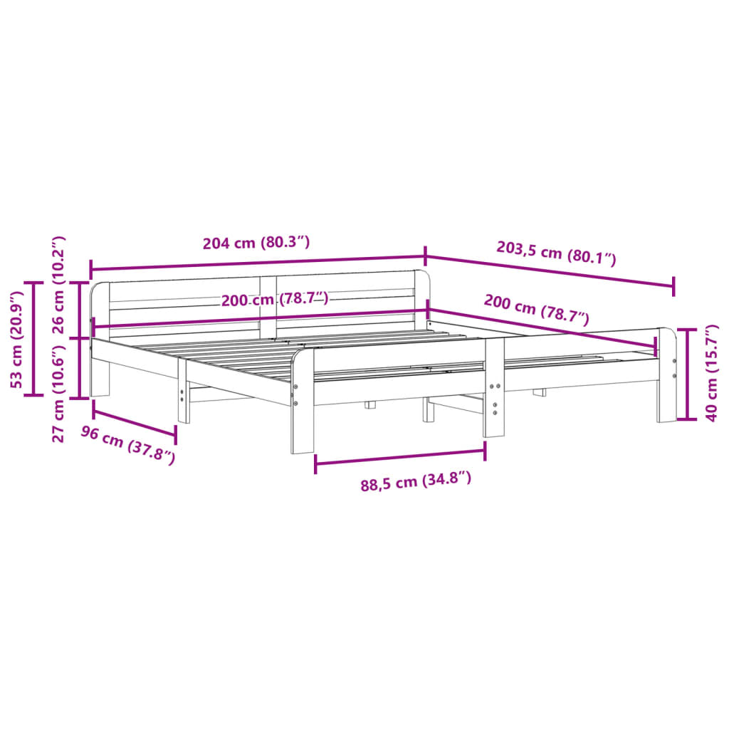 Letto senza Materasso 200x200 cm in Legno Massello di Pino | homemem39