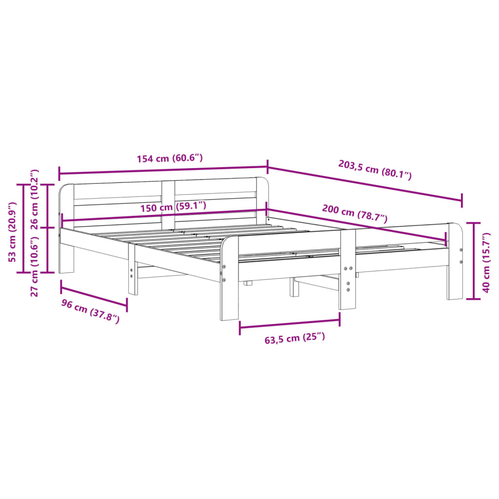 Letto senza Materasso 150x200 cm in Legno Massello di Pino | homemem39