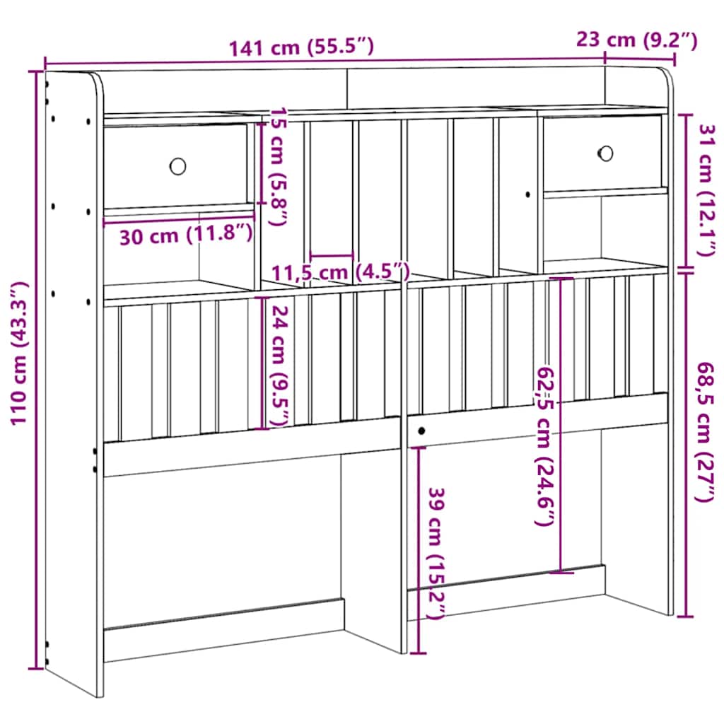 Testiera con Ripiani Marrone Cera 135 cm in Legno di Pino - homemem39