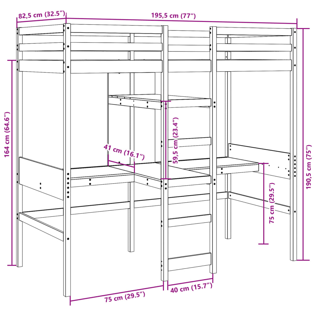 Giroletto Soppalco senza Materasso Bianco 75x190cm Legno Pino