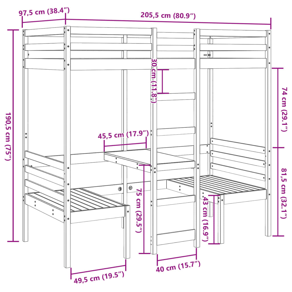 Giroletto Soppalco con Scrivania e Sedie 90x200cm Legno Pino
