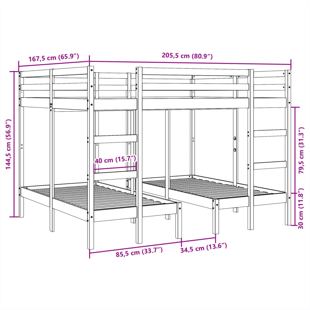 Giroletto Castello Triplo 160x200/80x160cm Legno Massello Pino