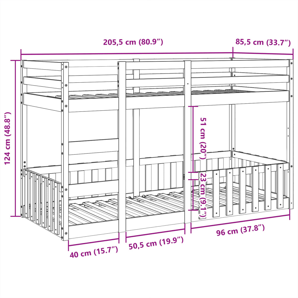 Letto a Castello Marrone Cera 80x200 cm in Legno di Pino