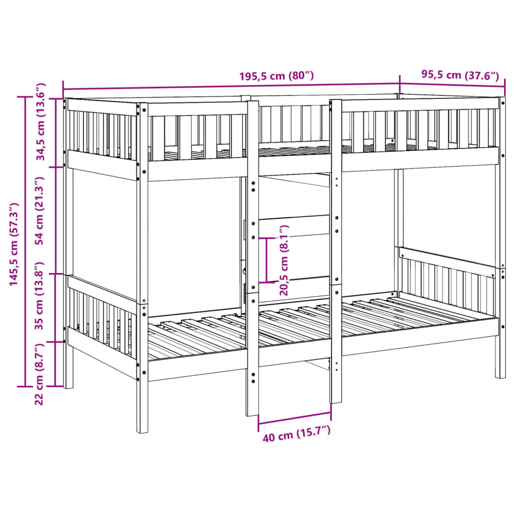 Letto a Castello Marrone Cera 90x190 cm in Legno di Pino