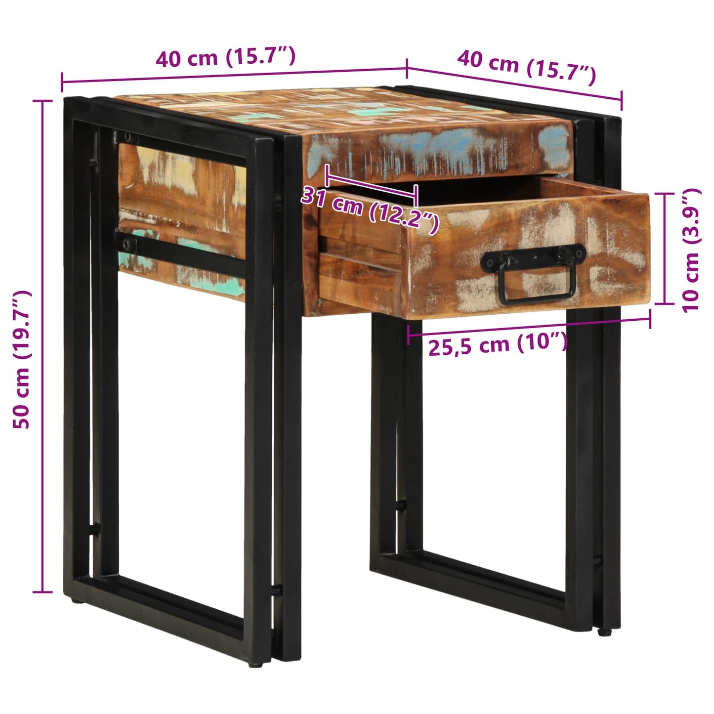 Tavolino con cassetto 40 x 40 x 50 cm Legno Recuperato Massello