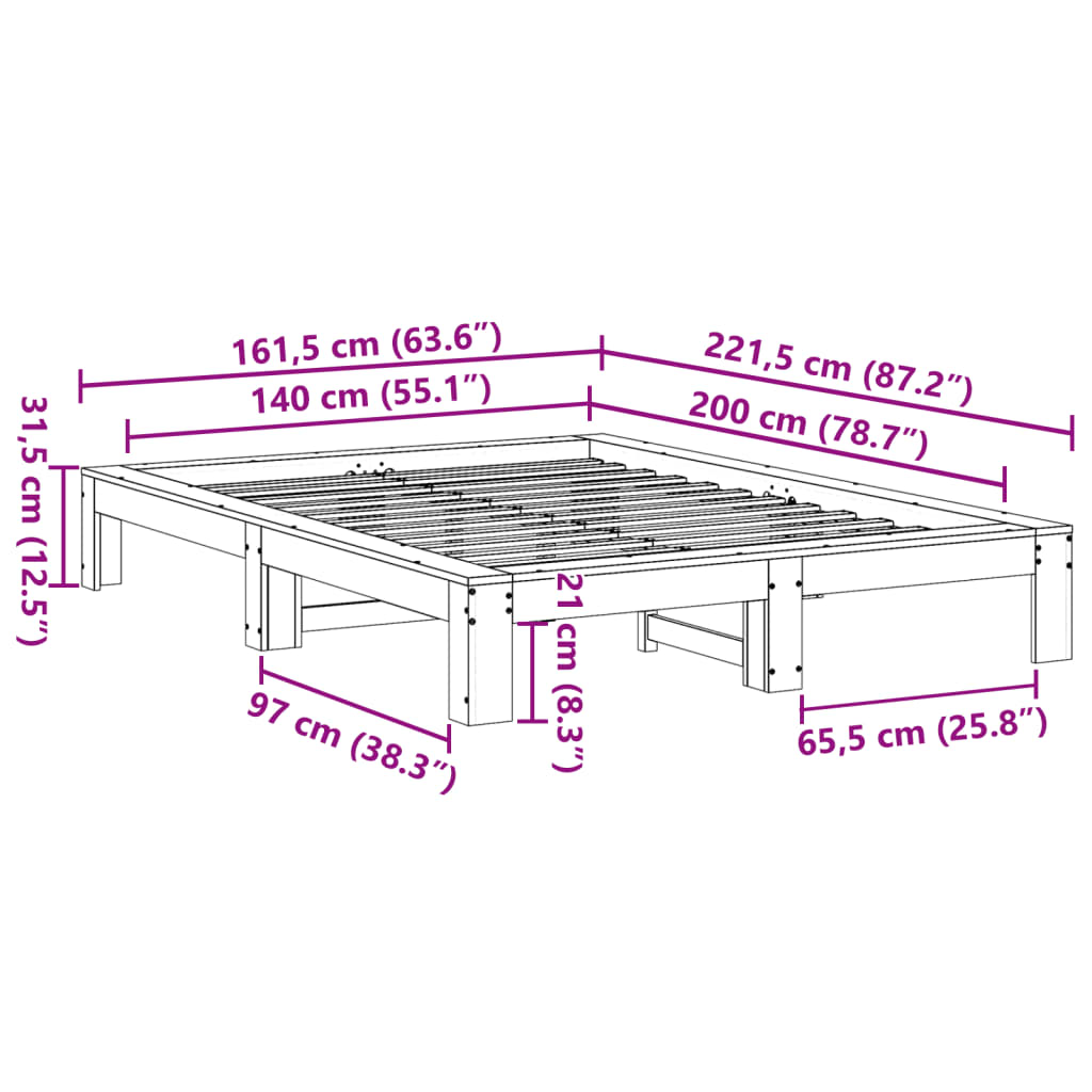 Letto senza Materasso Bianco 140x200 cm Legno Massello di Pino | homemem39