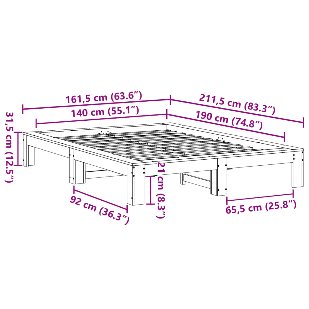 Letto senza Materasso Marrone Cera 140x190 cm in Legno di Pino | homemem39