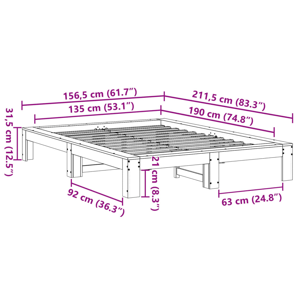 Letto senza Materasso 135x190 cm in Legno Massello di Pino | homemem39