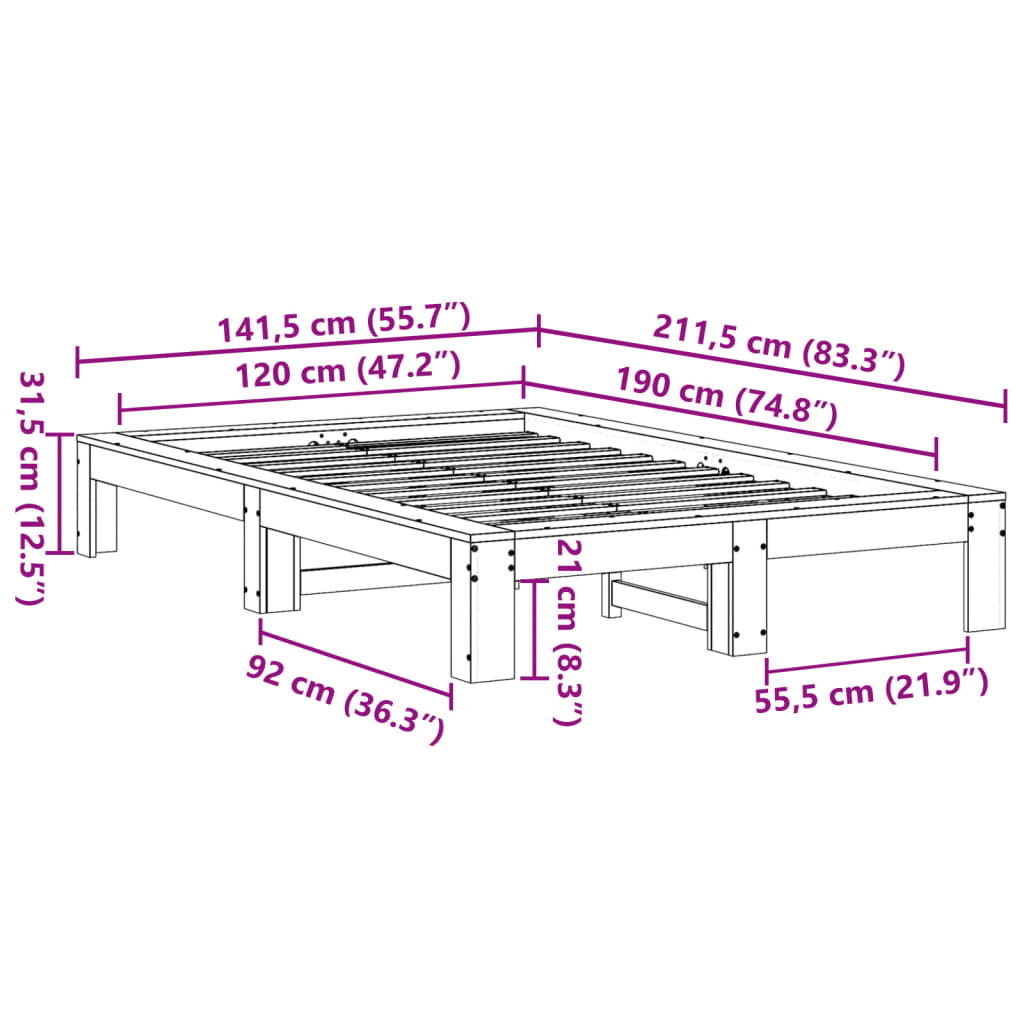Letto senza Materasso 120x190 cm in Legno Massello di Pino | homemem39