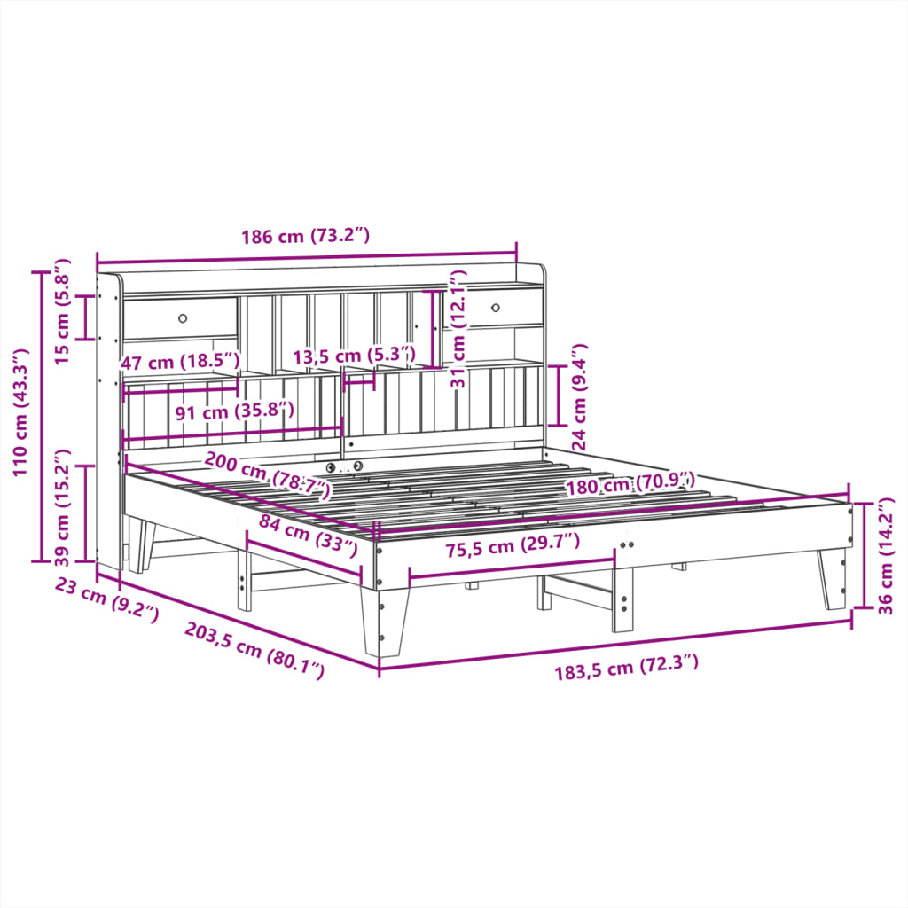 Letto senza Materasso Marrone Cera 180x200 cm in Legno di Pino