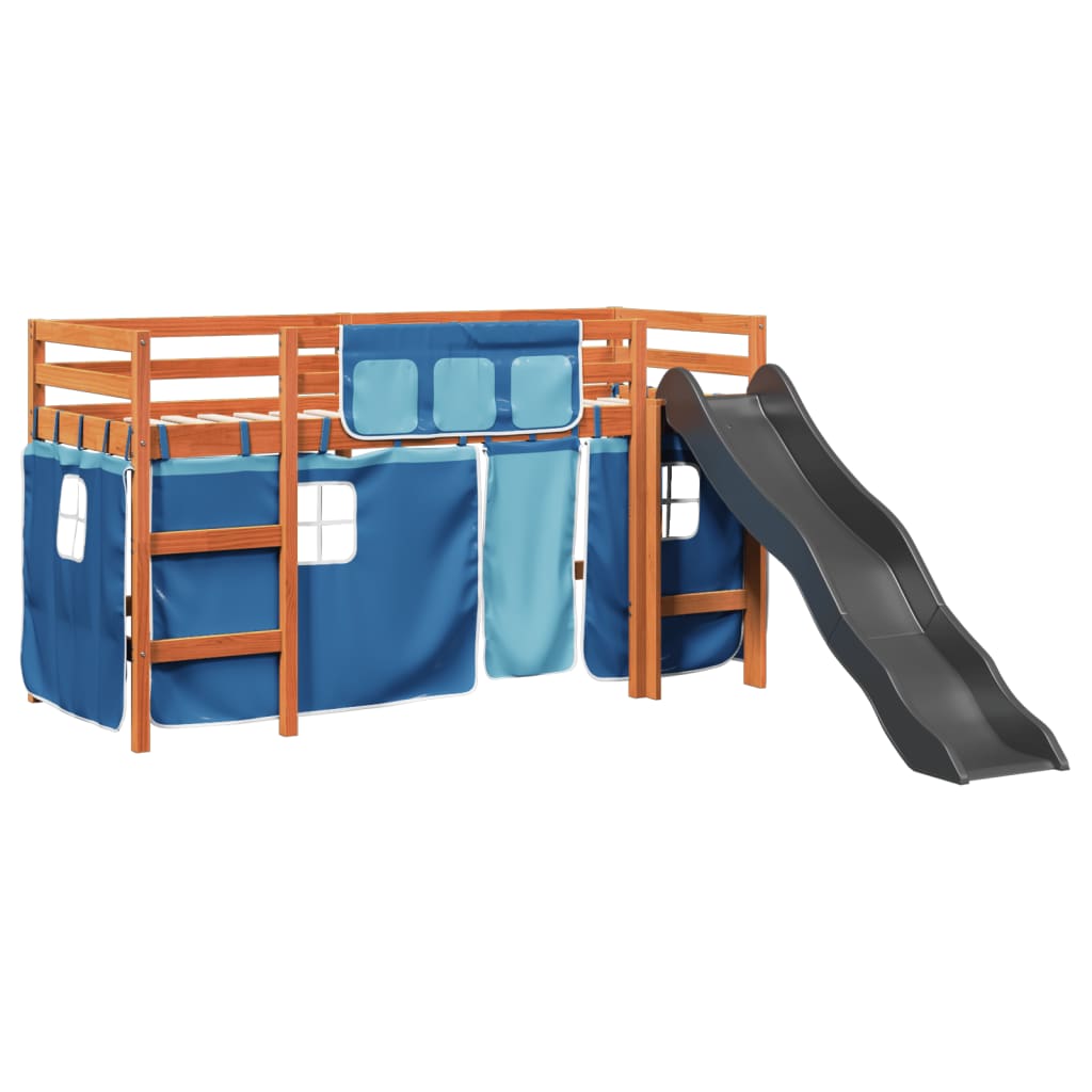 Letto a Soppalco con Tende Bambini Blu 80x200 cm Massello Pino