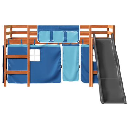 Letto a Soppalco con Tende Bambini Blu 80x200 cm Massello Pino