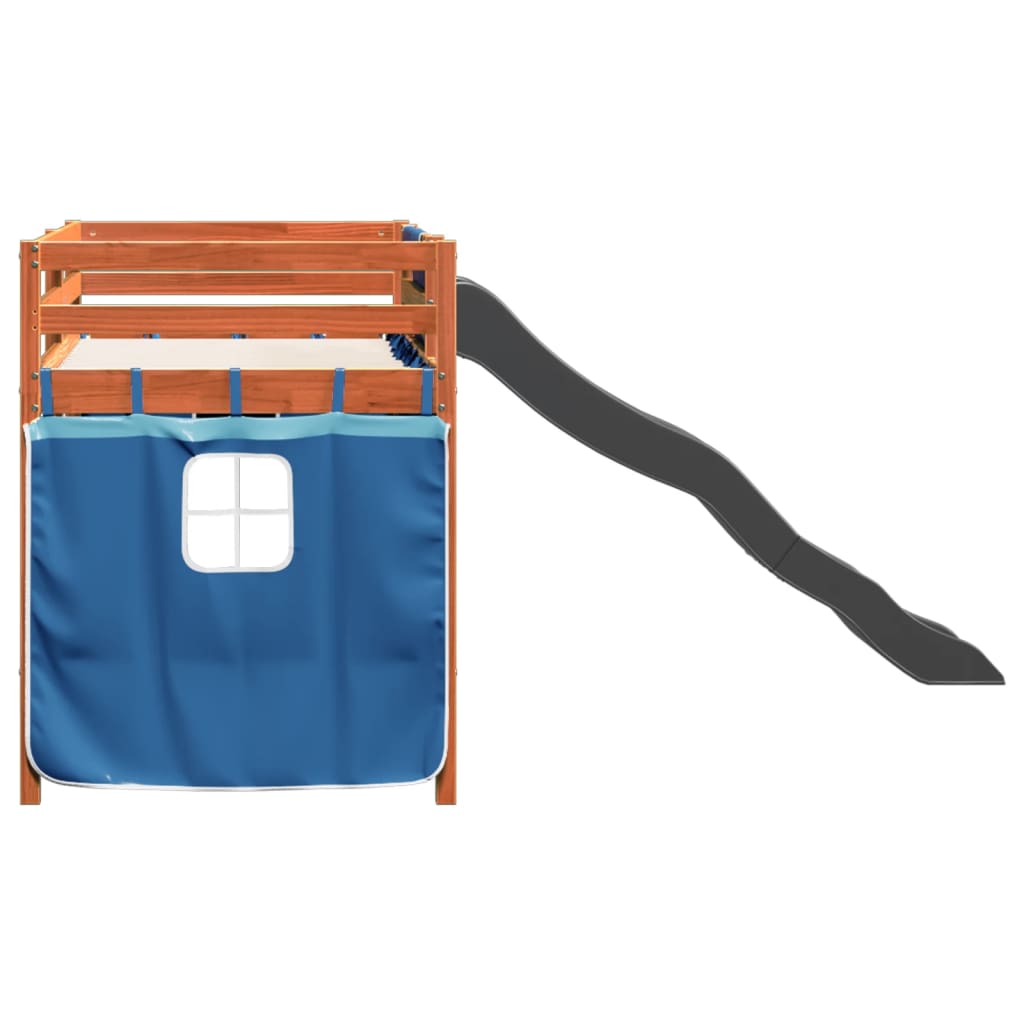 Letto a Soppalco con Tende Bambini Blu 80x200 cm Massello Pino