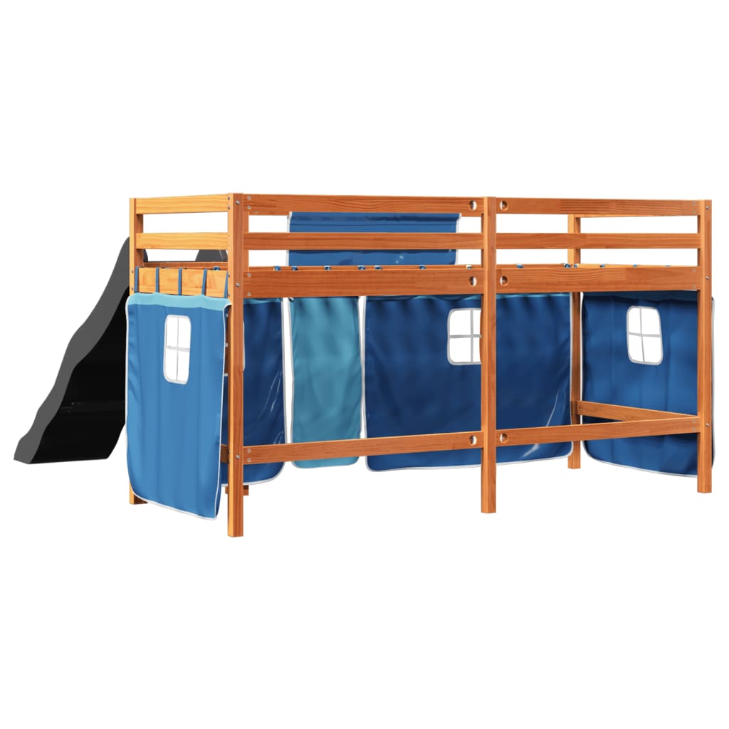 Letto a Soppalco con Tende Bambini Blu 80x200 cm Massello Pino